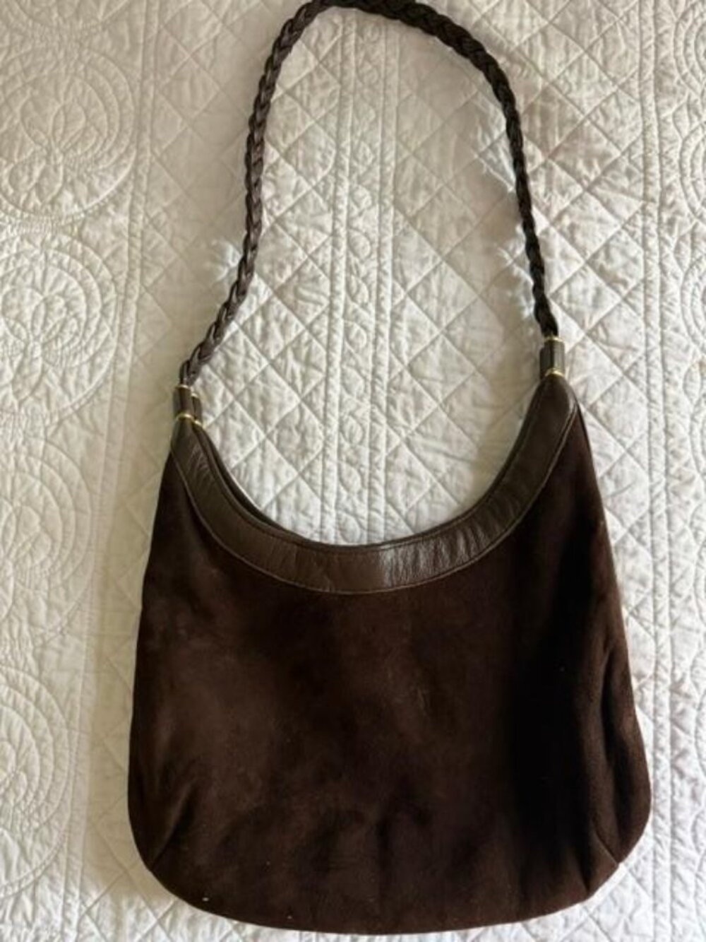 Brown Suede Shoulder, Hand, Bag with Braided Leather Handle/Size 10" by 10"